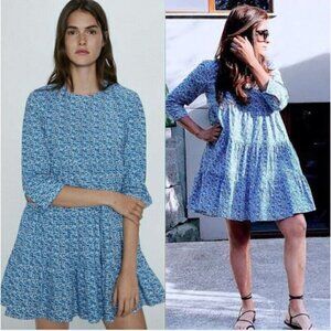 Zara Babydoll Tiered Floral Cotton Mini Dress Blue Size Medium